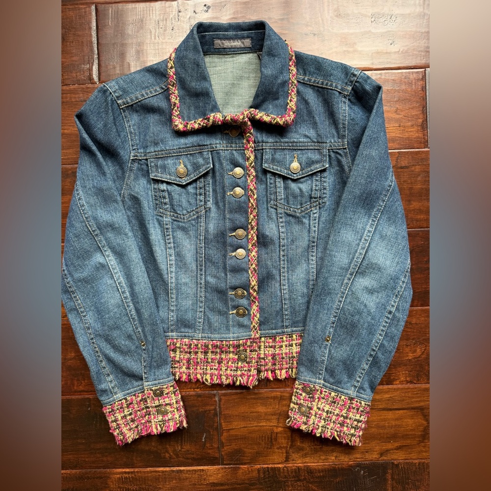 Y2K Liz Claiborne Denim Jean Jacket with Pink Tweed Trim